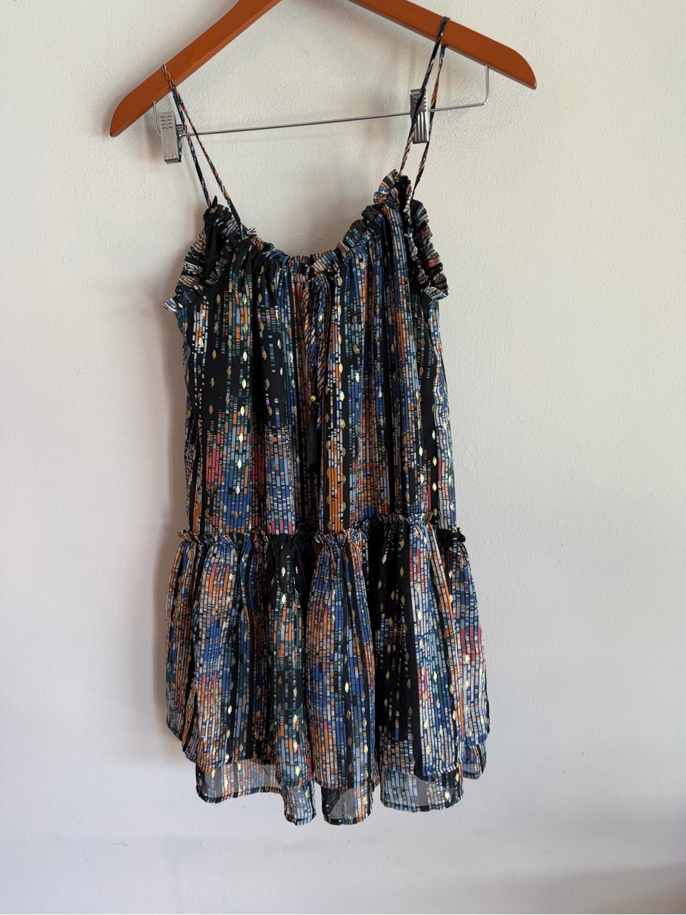 Forever 21 Multi Color Metallic Tiered Mini Dress Small Boho Spaghetti Strap